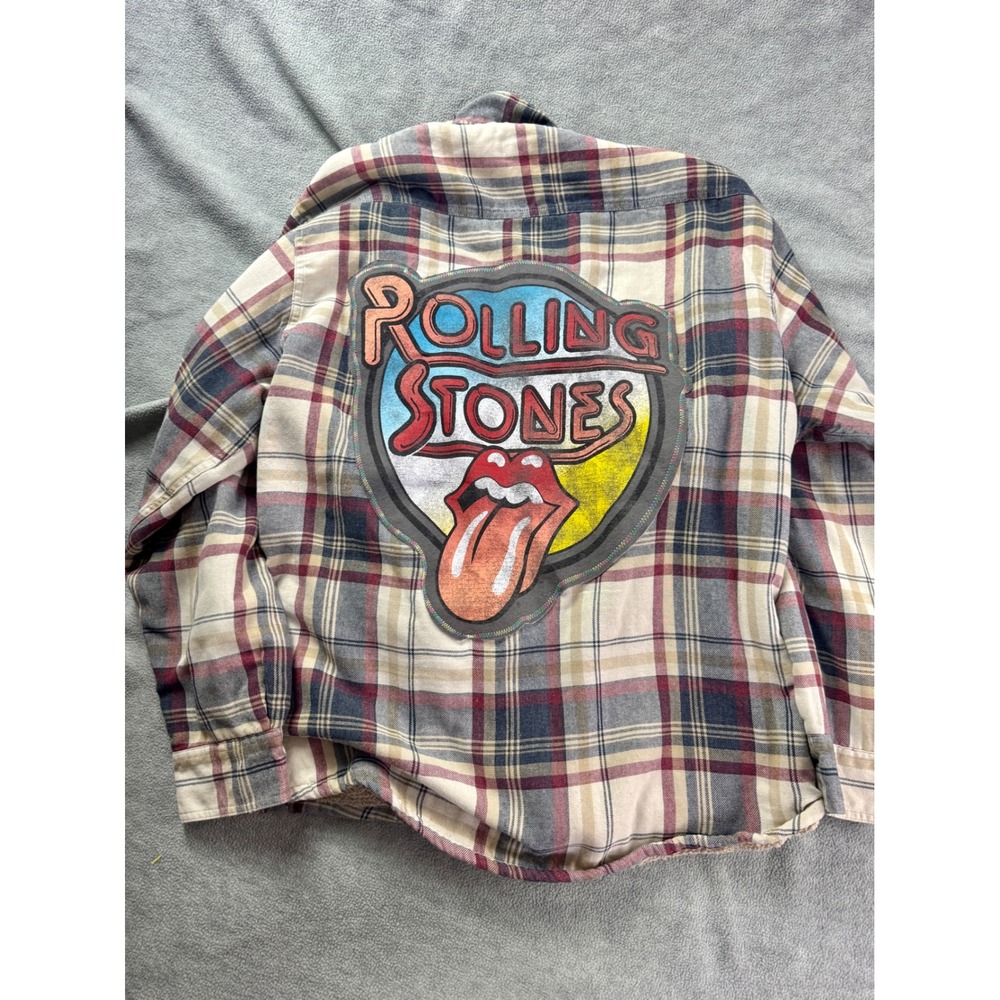 Wrangler Rolling Stones Sherpa Lined Flannel Shirt Jacket Plaid Men XL Cream Red